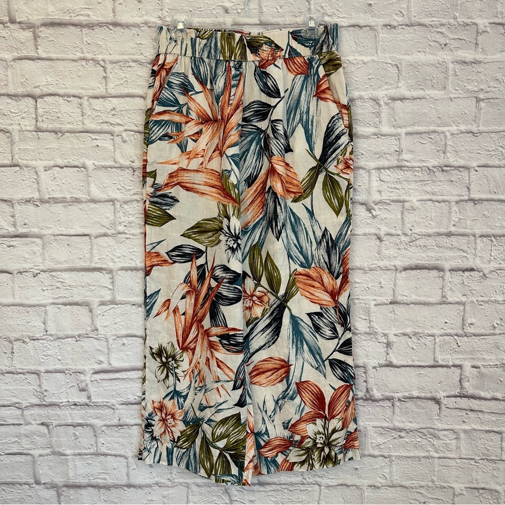 C&C California Women’s Medium Linen Wide Leg Ankle Capri Beach Pants Floral